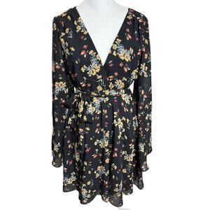 Free People Lilou Black Floral Chiffon Bell Sleeve Dress Medium